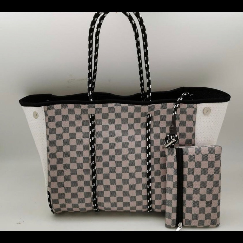Checker board neoprene tote bag and wristlet